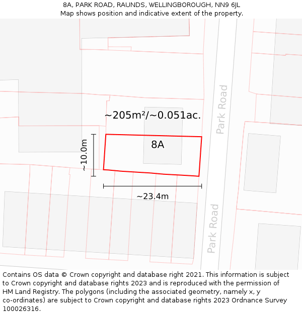 8A, PARK ROAD, RAUNDS, WELLINGBOROUGH, NN9 6JL: Plot and title map