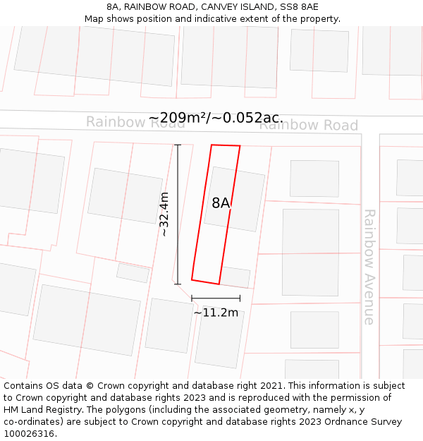 8A, RAINBOW ROAD, CANVEY ISLAND, SS8 8AE: Plot and title map