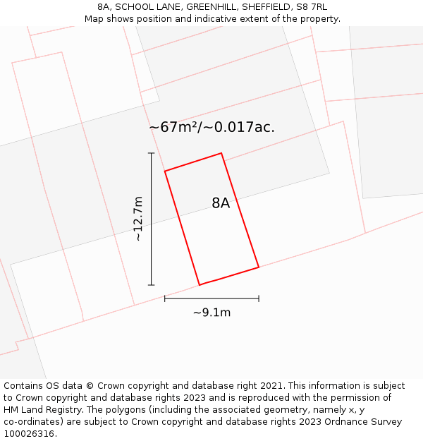 8A, SCHOOL LANE, GREENHILL, SHEFFIELD, S8 7RL: Plot and title map