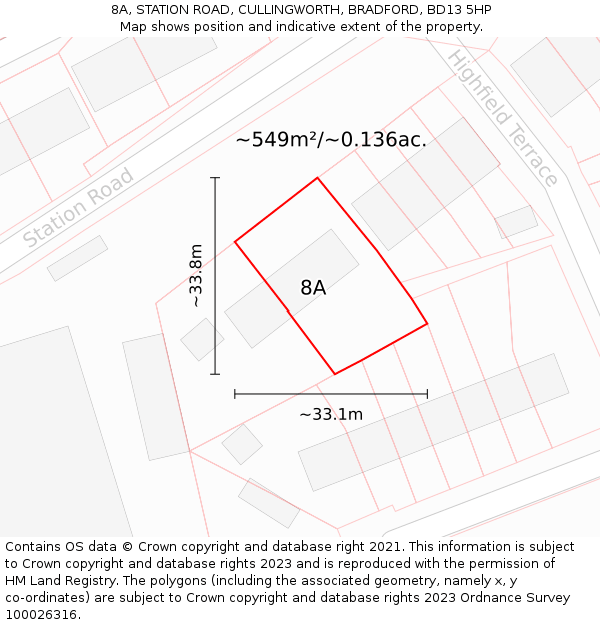 8A, STATION ROAD, CULLINGWORTH, BRADFORD, BD13 5HP: Plot and title map