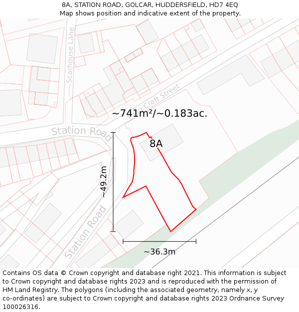 8A, STATION ROAD, GOLCAR, HUDDERSFIELD, HD7 4EQ: Plot and title map