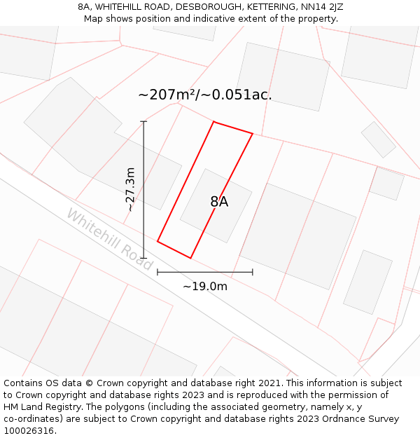 8A, WHITEHILL ROAD, DESBOROUGH, KETTERING, NN14 2JZ: Plot and title map