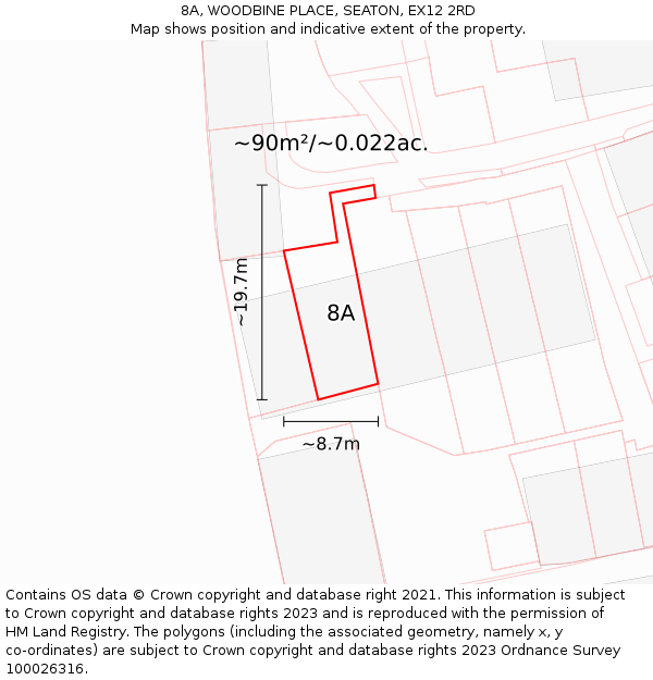 8A, WOODBINE PLACE, SEATON, EX12 2RD: Plot and title map