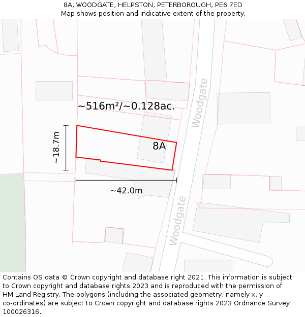 8A, WOODGATE, HELPSTON, PETERBOROUGH, PE6 7ED: Plot and title map