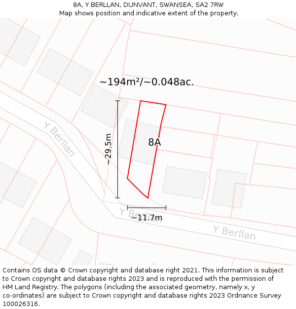 8A, Y BERLLAN, DUNVANT, SWANSEA, SA2 7RW: Plot and title map