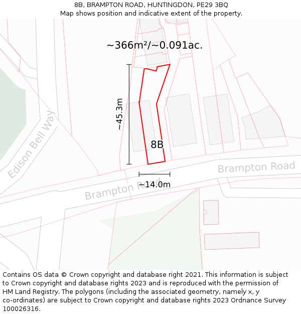 8B, BRAMPTON ROAD, HUNTINGDON, PE29 3BQ: Plot and title map