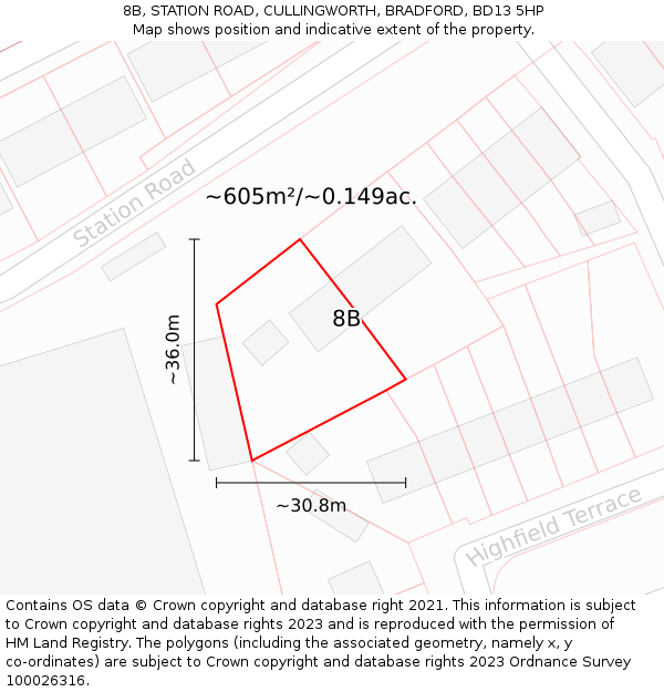 8B, STATION ROAD, CULLINGWORTH, BRADFORD, BD13 5HP: Plot and title map