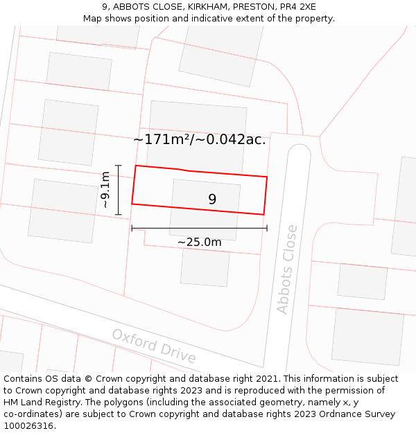 9, ABBOTS CLOSE, KIRKHAM, PRESTON, PR4 2XE: Plot and title map