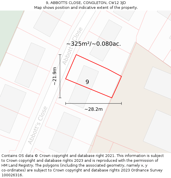 9, ABBOTTS CLOSE, CONGLETON, CW12 3JD: Plot and title map
