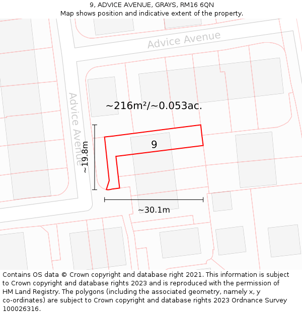 9, ADVICE AVENUE, GRAYS, RM16 6QN: Plot and title map
