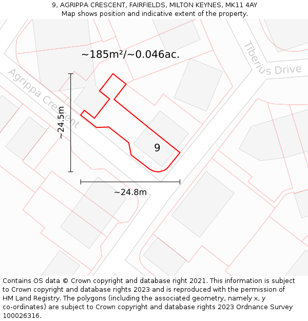 9, AGRIPPA CRESCENT, FAIRFIELDS, MILTON KEYNES, MK11 4AY: Plot and title map