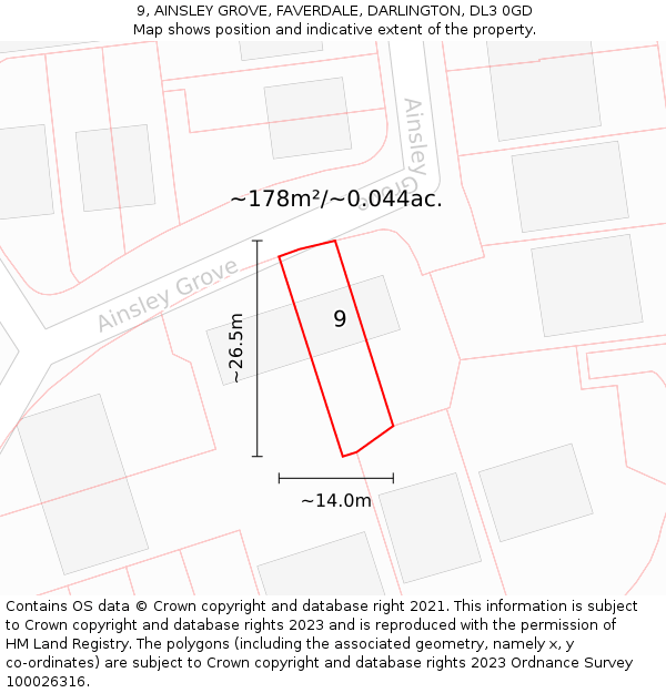 9, AINSLEY GROVE, FAVERDALE, DARLINGTON, DL3 0GD: Plot and title map