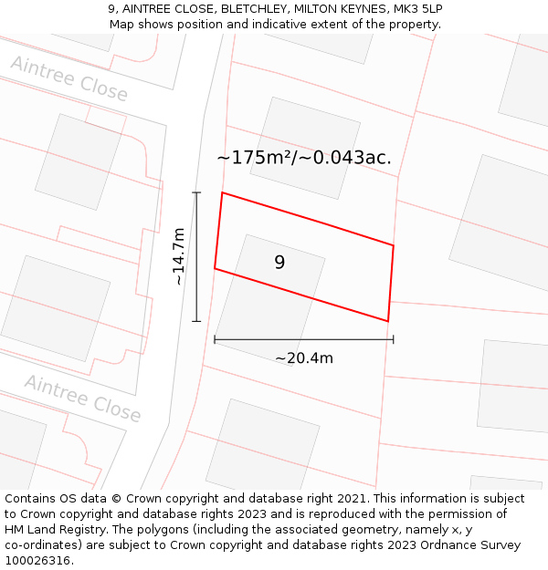 9, AINTREE CLOSE, BLETCHLEY, MILTON KEYNES, MK3 5LP: Plot and title map