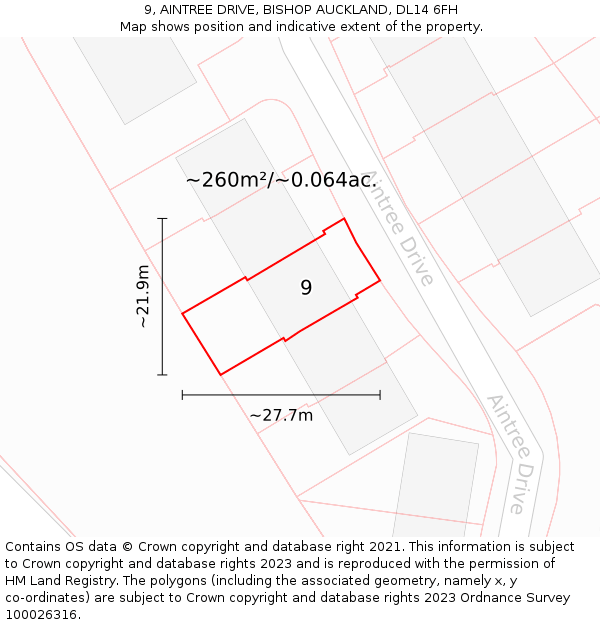 9, AINTREE DRIVE, BISHOP AUCKLAND, DL14 6FH: Plot and title map