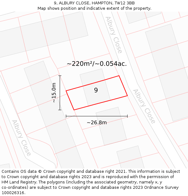 9, ALBURY CLOSE, HAMPTON, TW12 3BB: Plot and title map