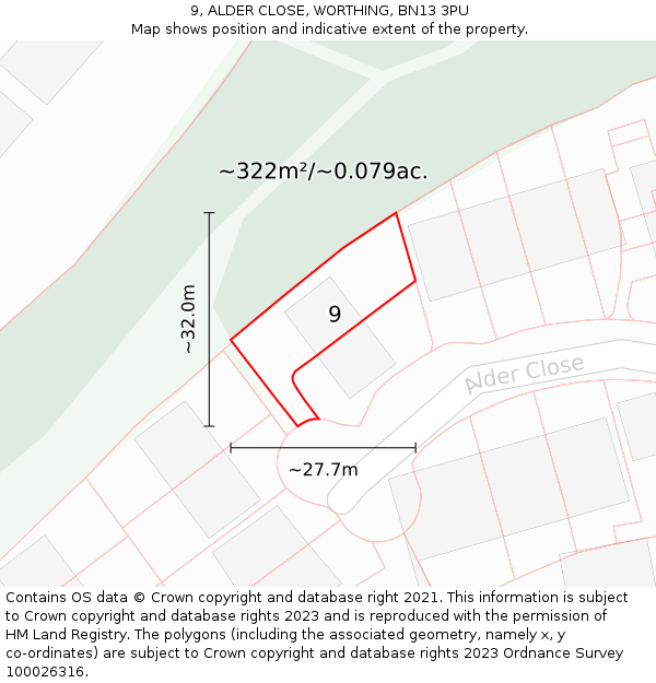 9, ALDER CLOSE, WORTHING, BN13 3PU: Plot and title map
