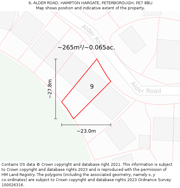 9, ALDER ROAD, HAMPTON HARGATE, PETERBOROUGH, PE7 8BU: Plot and title map