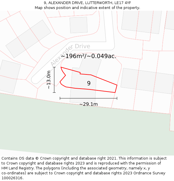 9, ALEXANDER DRIVE, LUTTERWORTH, LE17 4YF: Plot and title map