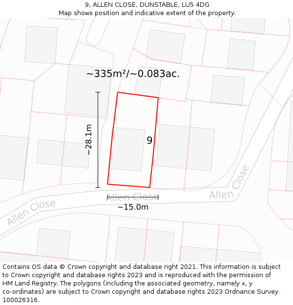 9, ALLEN CLOSE, DUNSTABLE, LU5 4DG: Plot and title map