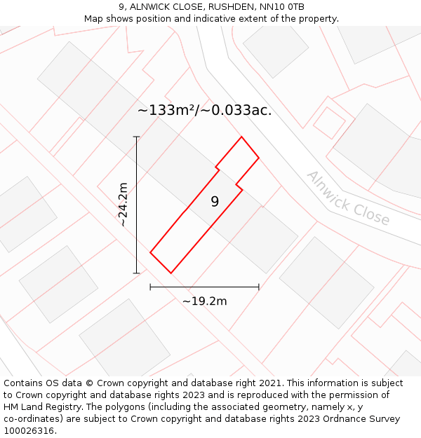 9, ALNWICK CLOSE, RUSHDEN, NN10 0TB: Plot and title map