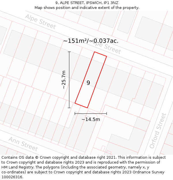 9, ALPE STREET, IPSWICH, IP1 3NZ: Plot and title map