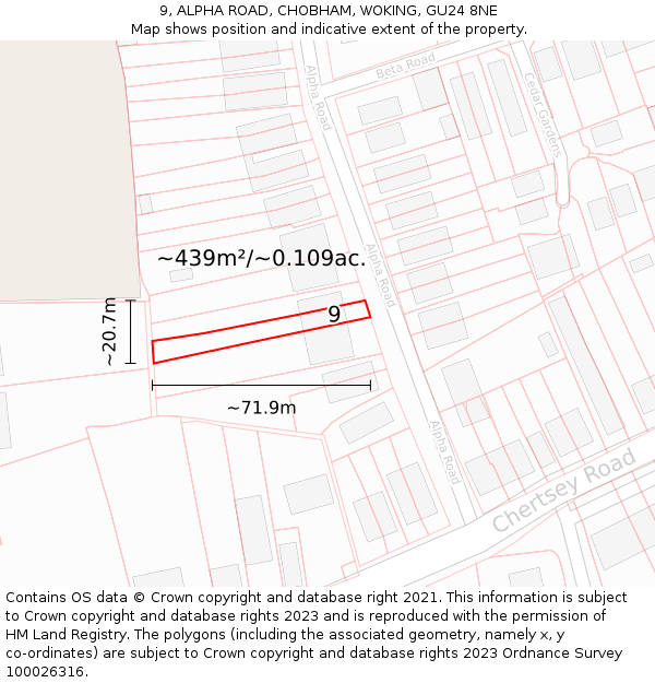 9, ALPHA ROAD, CHOBHAM, WOKING, GU24 8NE: Plot and title map
