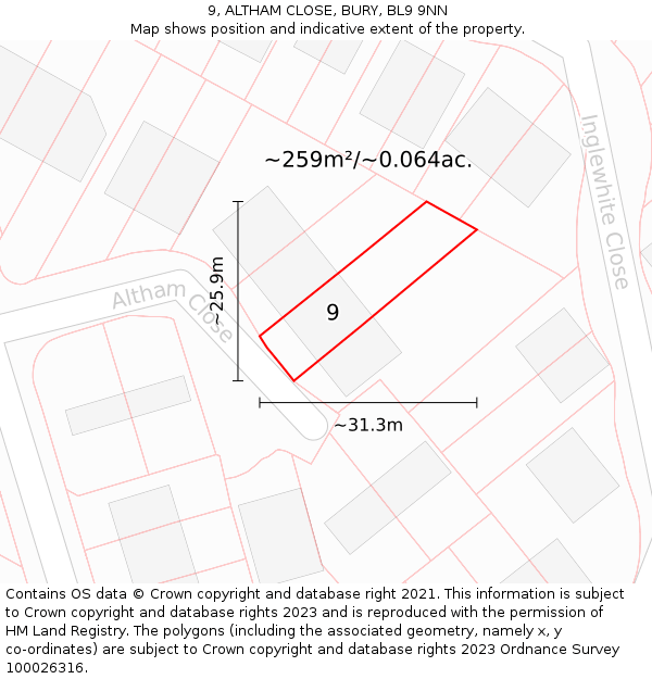 9, ALTHAM CLOSE, BURY, BL9 9NN: Plot and title map