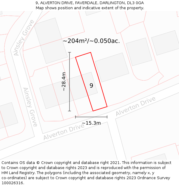 9, ALVERTON DRIVE, FAVERDALE, DARLINGTON, DL3 0GA: Plot and title map