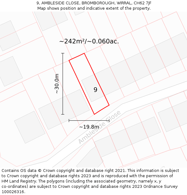 9, AMBLESIDE CLOSE, BROMBOROUGH, WIRRAL, CH62 7JF: Plot and title map