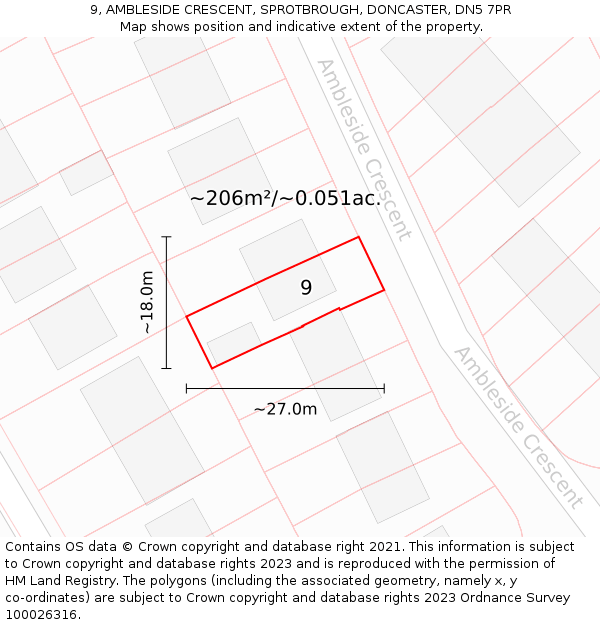 9, AMBLESIDE CRESCENT, SPROTBROUGH, DONCASTER, DN5 7PR: Plot and title map