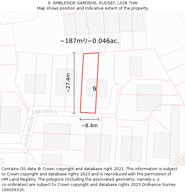 9, AMBLESIDE GARDENS, PUDSEY, LS28 7NW: Plot and title map