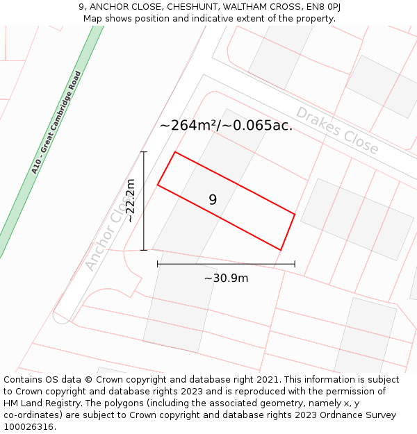 9, ANCHOR CLOSE, CHESHUNT, WALTHAM CROSS, EN8 0PJ: Plot and title map