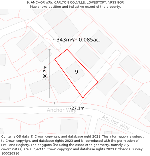 9, ANCHOR WAY, CARLTON COLVILLE, LOWESTOFT, NR33 8GR: Plot and title map