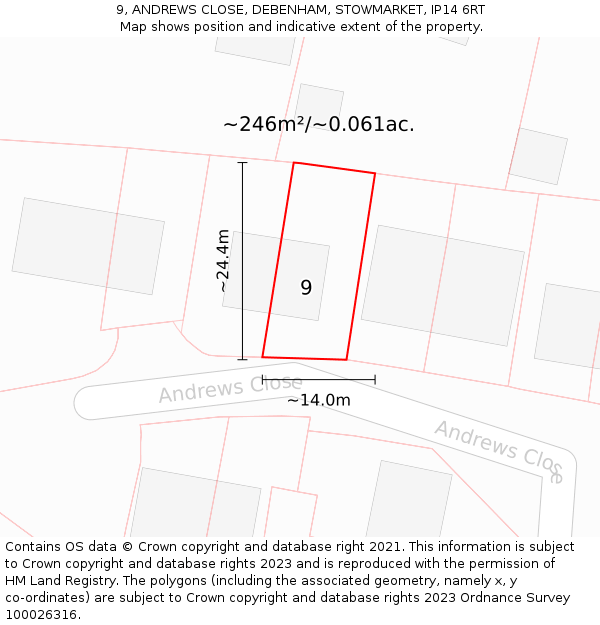 9, ANDREWS CLOSE, DEBENHAM, STOWMARKET, IP14 6RT: Plot and title map