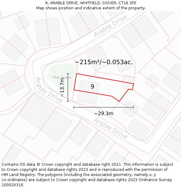 9, ARABLE DRIVE, WHITFIELD, DOVER, CT16 3FE: Plot and title map