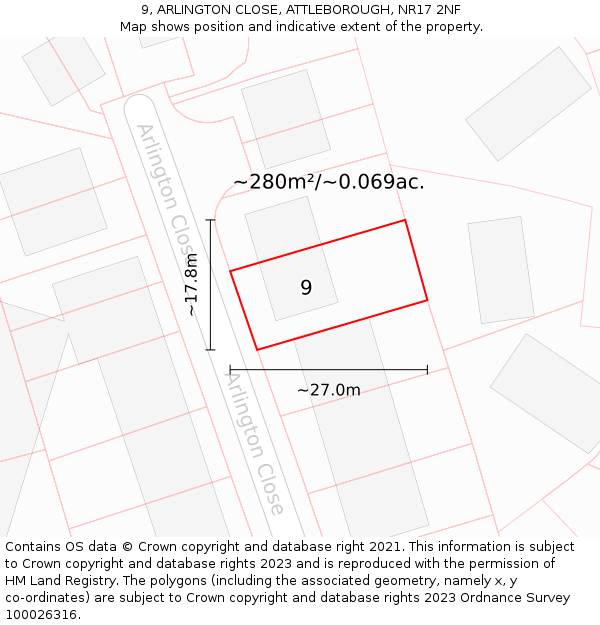 9, ARLINGTON CLOSE, ATTLEBOROUGH, NR17 2NF: Plot and title map