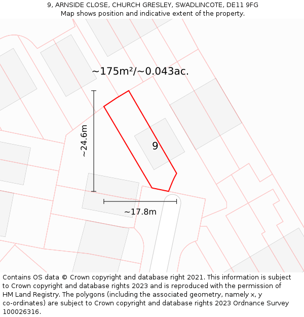 9, ARNSIDE CLOSE, CHURCH GRESLEY, SWADLINCOTE, DE11 9FG: Plot and title map