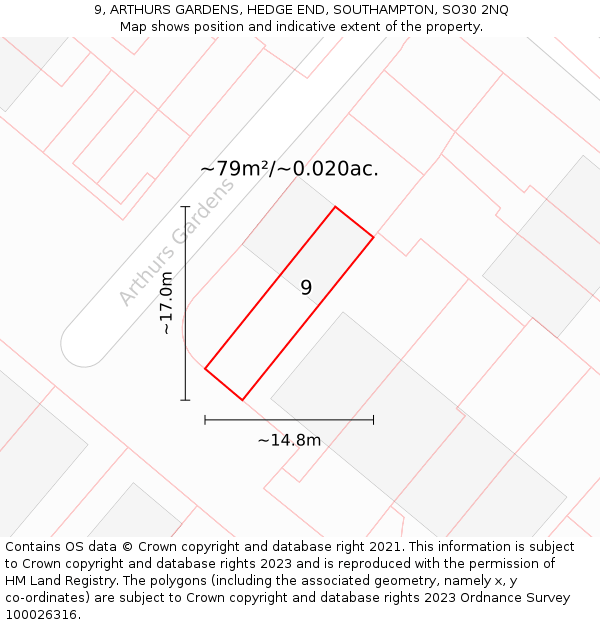 9, ARTHURS GARDENS, HEDGE END, SOUTHAMPTON, SO30 2NQ: Plot and title map