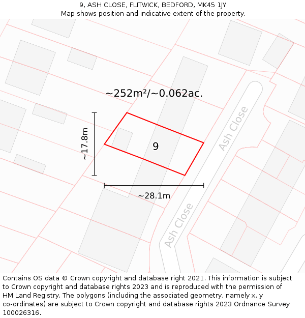 9, ASH CLOSE, FLITWICK, BEDFORD, MK45 1JY: Plot and title map