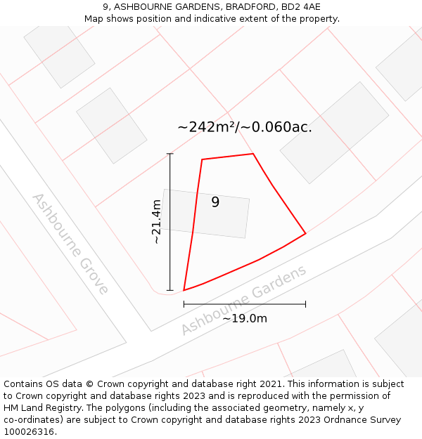 9, ASHBOURNE GARDENS, BRADFORD, BD2 4AE: Plot and title map