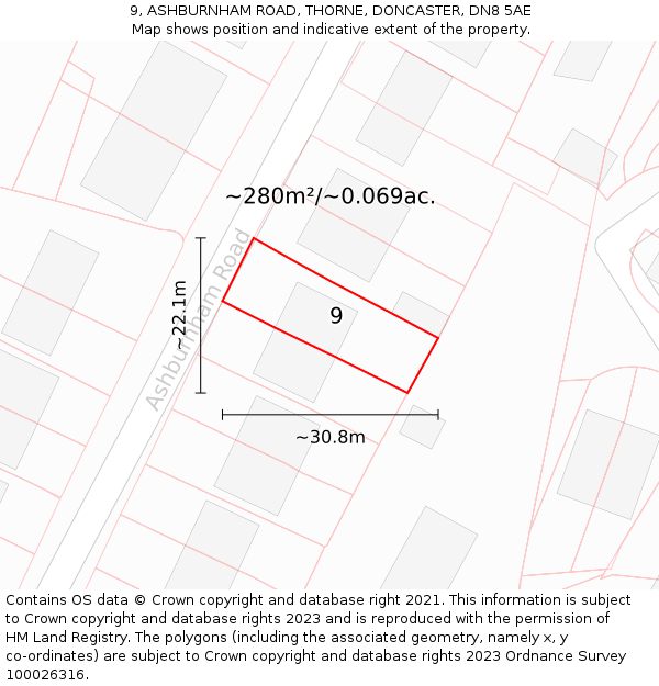 9, ASHBURNHAM ROAD, THORNE, DONCASTER, DN8 5AE: Plot and title map