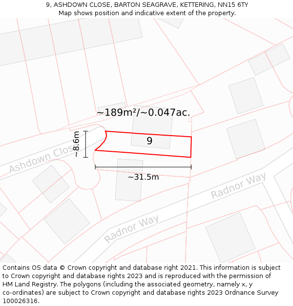 9, ASHDOWN CLOSE, BARTON SEAGRAVE, KETTERING, NN15 6TY: Plot and title map