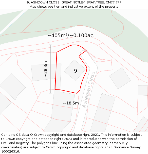 9, ASHDOWN CLOSE, GREAT NOTLEY, BRAINTREE, CM77 7FR: Plot and title map