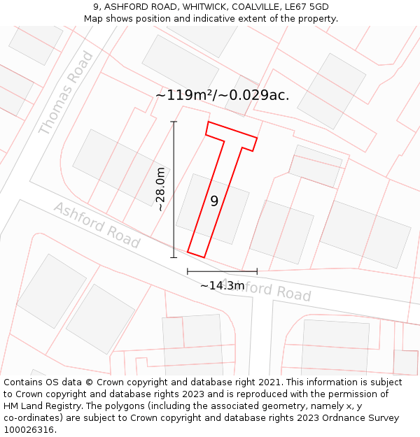 9, ASHFORD ROAD, WHITWICK, COALVILLE, LE67 5GD: Plot and title map