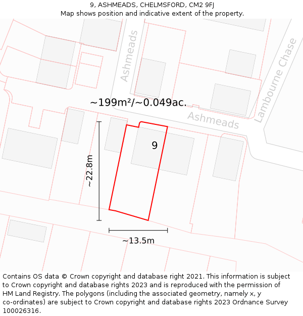 9, ASHMEADS, CHELMSFORD, CM2 9FJ: Plot and title map