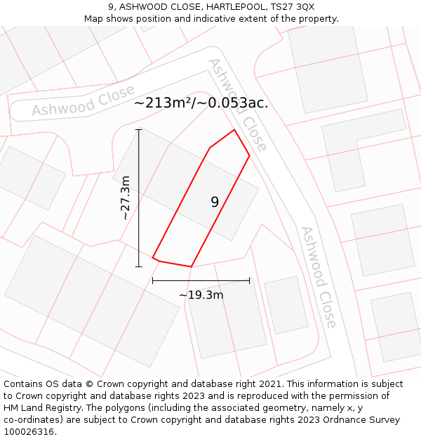 9, ASHWOOD CLOSE, HARTLEPOOL, TS27 3QX: Plot and title map