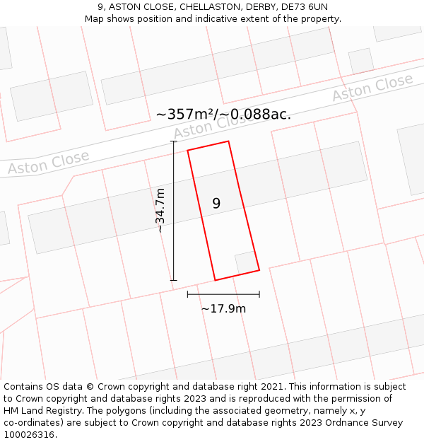 9, ASTON CLOSE, CHELLASTON, DERBY, DE73 6UN: Plot and title map