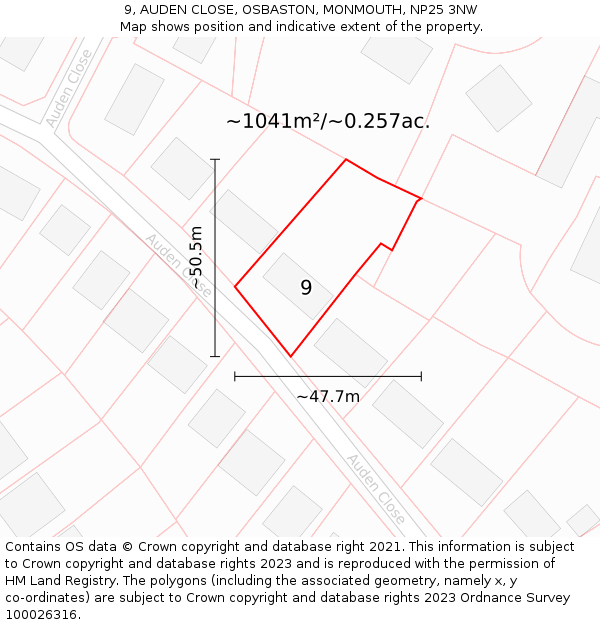 9, AUDEN CLOSE, OSBASTON, MONMOUTH, NP25 3NW: Plot and title map