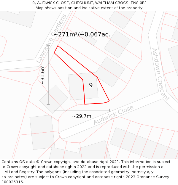 9, AUDWICK CLOSE, CHESHUNT, WALTHAM CROSS, EN8 0RF: Plot and title map