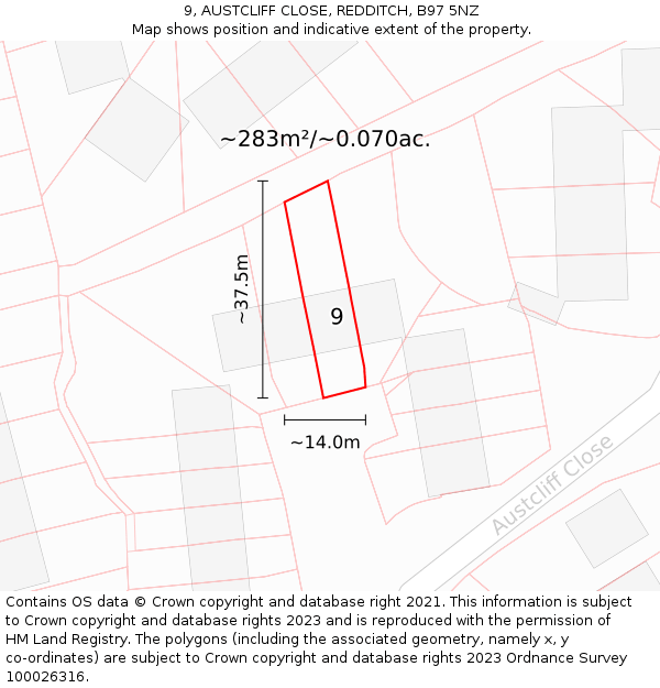 9, AUSTCLIFF CLOSE, REDDITCH, B97 5NZ: Plot and title map